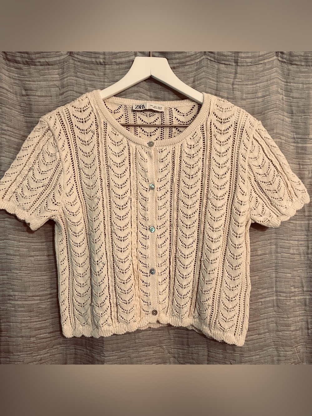 Zara Open-Knit Button Front Short Sleeve Cardigan. Size Large - Picture 2 of 12